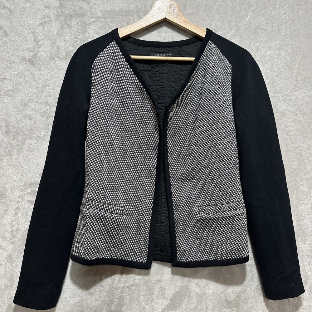 Theory Cardigan Women's 4 Black White Drape Open Front Blazer Knit Lined Pockets